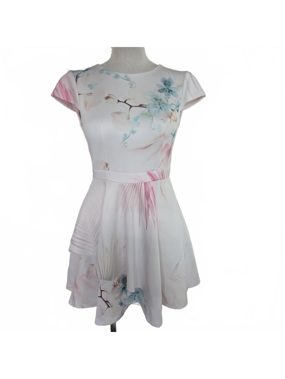 Ted Baker Floral Print Cap Sleeve Dress with Belt sz 1